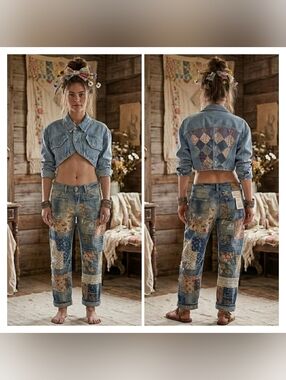 Upcycled Quilt Patchwork Cropped Jean Jacket Size S
